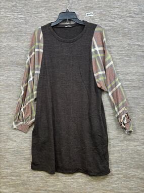 Egy Plaid Sleeve Dress Womens Sz L Brown Shift Balloon Long Sleeve Jersey Casual
